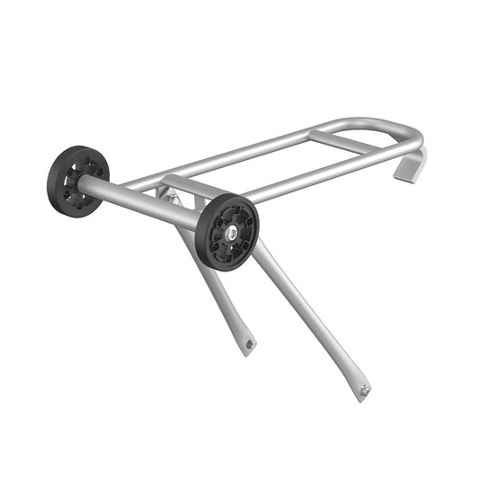 Side view of the KENOTU K10 rear transport rack, showcasing the gliding wheel design that lets you roll the bike easily on the ground when fully folded.