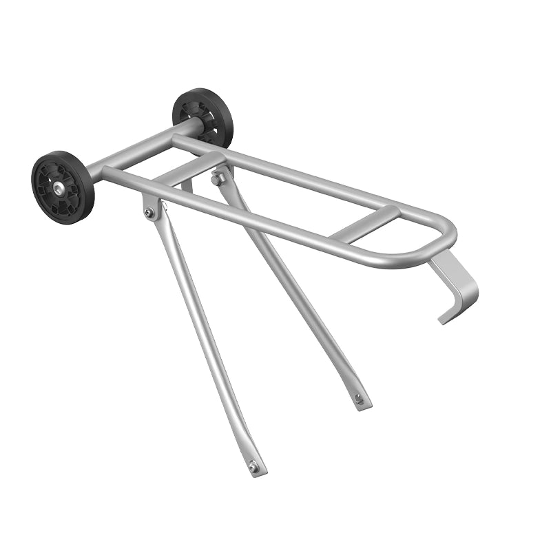 Back angle of the KENOTU K10 folding e-bike rear rack, highlighting the ground-clearance roller wheels for seamless transit in UK train stations.